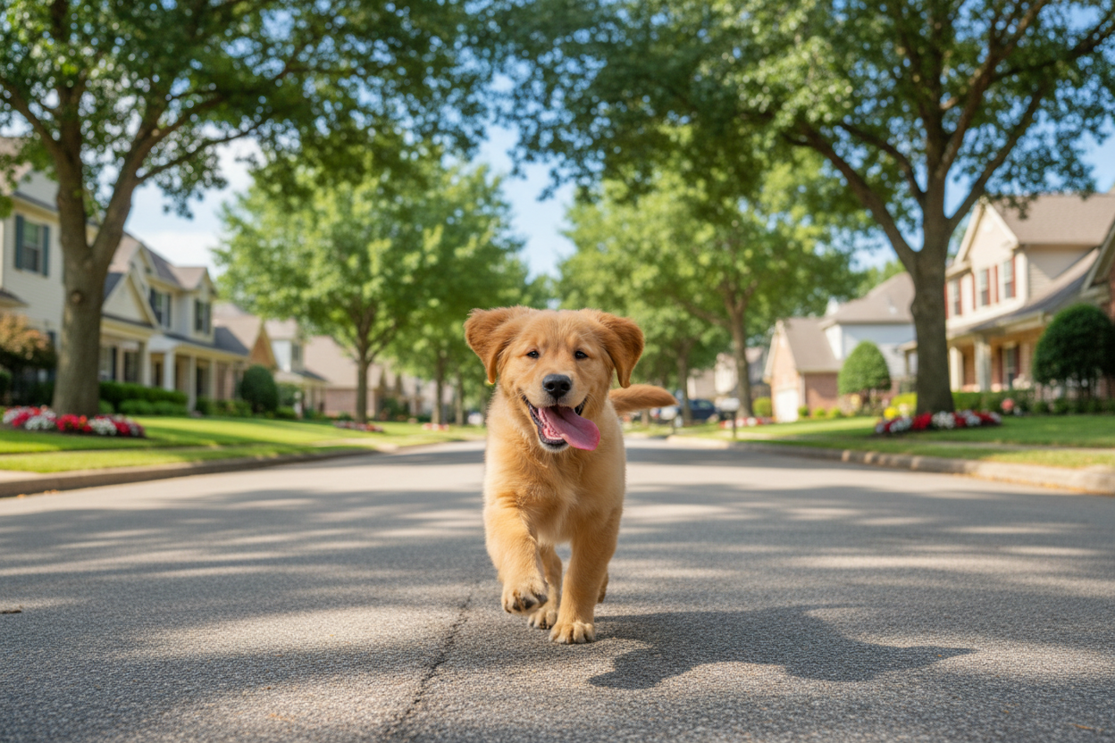 快乐的小狗在美国社区的街道上奔跑